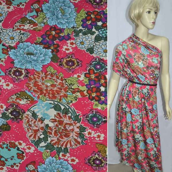 Трикотаж вискозный стрейч ярко-малиновый с разноцветными цветами ш.150