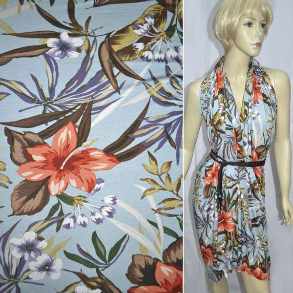 Трикотаж вискозный стрейч серо-голубой с тропическими цветами и листьями ш.150