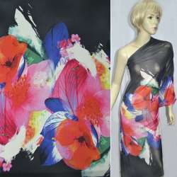 Трикотаж вискозный стрейч черный с большими розово-малиновыми цветами (раппорт) ш.145