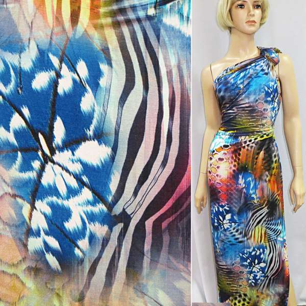 Трикотаж вискозный стрейч сине-желтый с разноцветным абстрактным рисунком ш.150