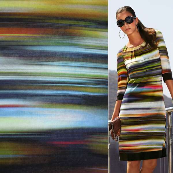 Трикотаж віскозний стрейч в різнокольорові смужки веселка (принт) ш.133