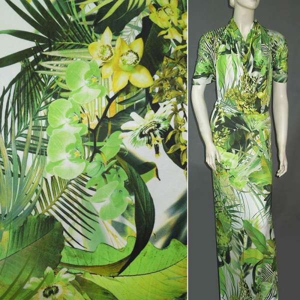 Трикотаж віскозний стрейч білий з зелено-жовтими квітами ш.150