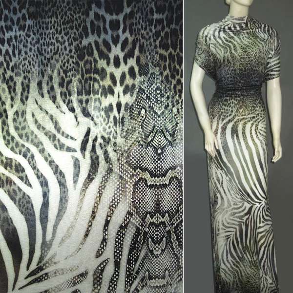 Трикотаж віскозний стрейч сіро-оливковий з чорним принт леопард ш.142