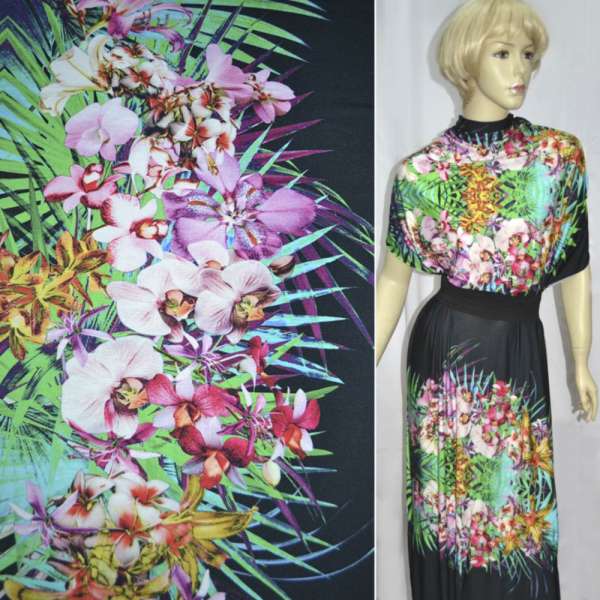 Трикотаж віскозний стрейч чорний з зелено-блакитними листям ш.150