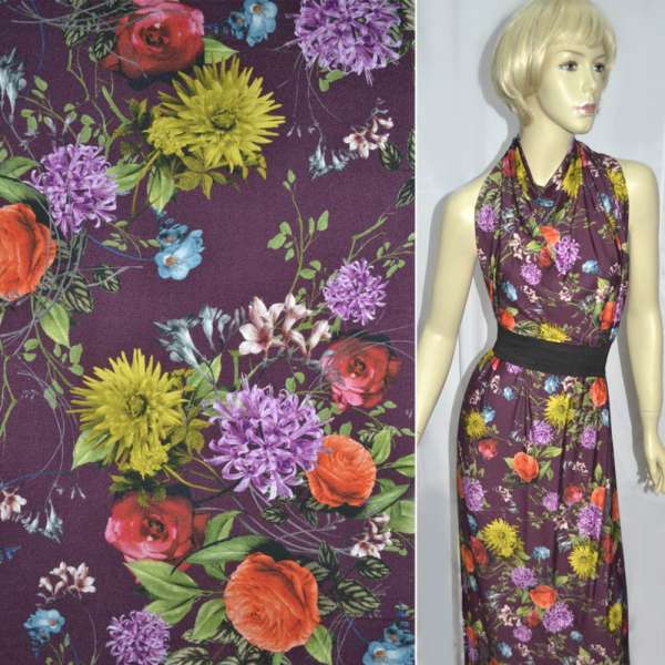 Трикотаж віскозний стрейч сливовий з бузково-жовтими квітами ш.148