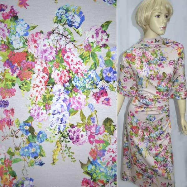 Трикотаж з віскозою стрейч бежевий з рожево-жовтими, волошковими букетами квітів ш.134