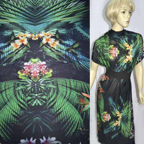 Трикотаж віскозний стрейч чорний з зеленими пальмовим листям і квітами (мокрий) ш.140