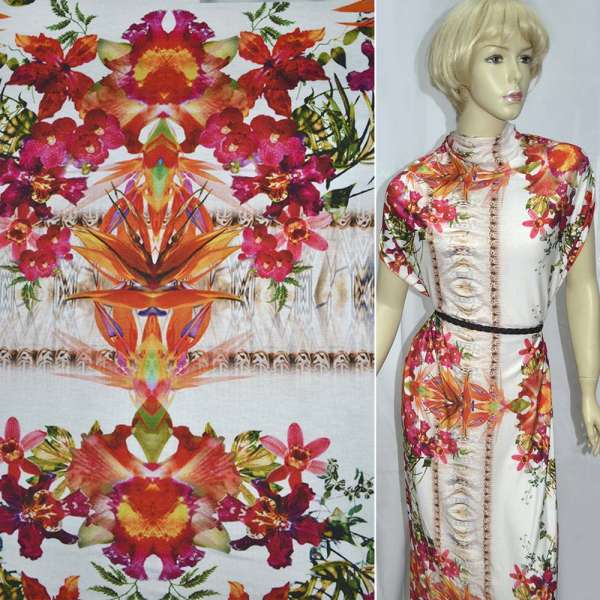 Трикотаж віскозний стрейч молочний з червоно-бордовими квітами ш.150