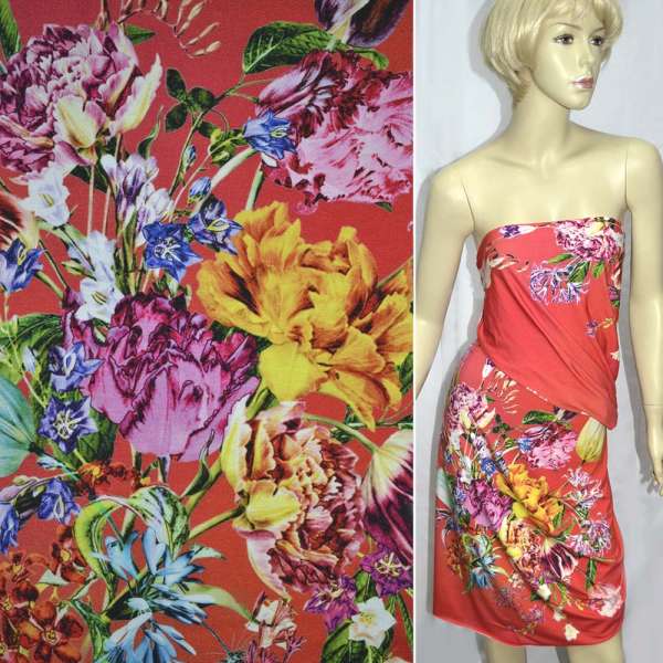 Трикотаж віскозний стрейч червоно-помаранчевий з весняними букетами квітів ш.147