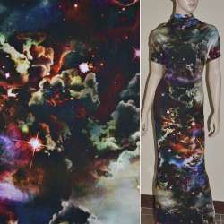 Трикотаж вискозный стрейч серо-черный с разноцветной абстракцией "огоньки" ш.148