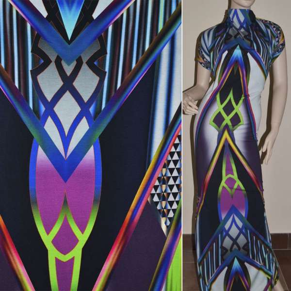 Трикотаж вискозный стрейч молочно-серый с крупной разноцветной абстракцией ш.150