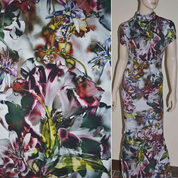 Трикотаж вискозный стрейч розово-сиреневый с бежево-зелеными цветами ш.140