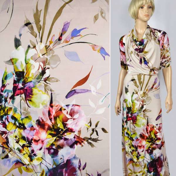 Трикотаж вискозный стрейч бежевый в бордово-розово-синие цветы ш.148