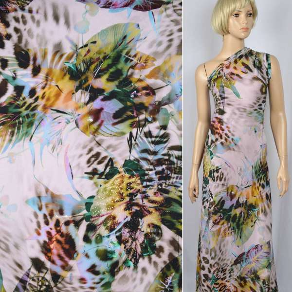 Трикотаж вискозный стрейч розовый в большие листья и цветы ш.142