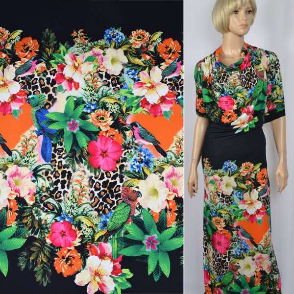 Трикотаж віскозний стрейч помаранчевий в яскраві квіти і птахи рапорт ш.151