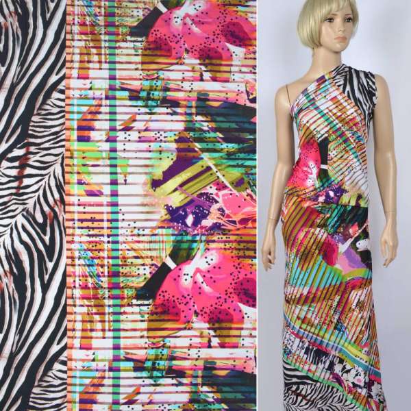 Трикотаж вискозный стрейч в зелено-розово-коричневую абстракцию ш.147