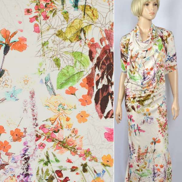 Трикотаж вискозный стрейч молочный в сине-желто-розовые цветы ш.149