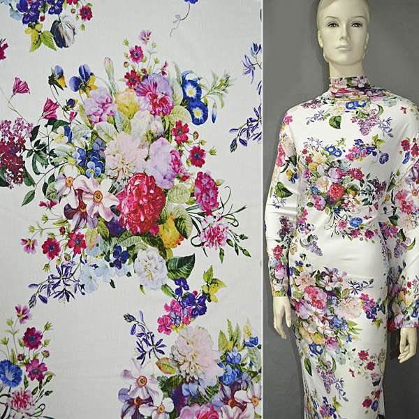 Трикотаж вискозный стрейч кремовый с букетом разноцветных цветов ш.150