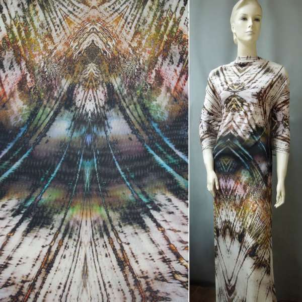 Трикотаж вискозный стрейч молочный с серо-рыжей абстракцией ш.140