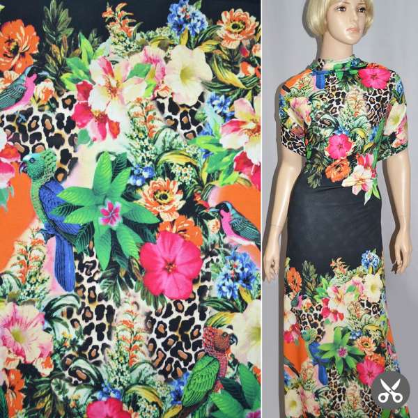 Трикотаж віскозний синій темний з квітами і папугами рапорт ш.147