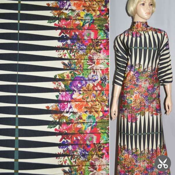 Трикотаж вискозный джерси молочный с черными стрелами и цветочным купоном ш.150