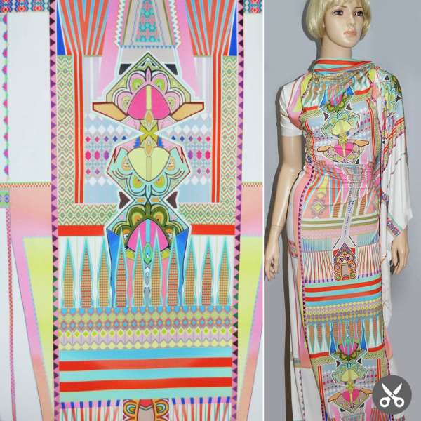 Трикотаж вискозный стрейч белый с двухсторонним рисунком полоски с орнаментом ш.150