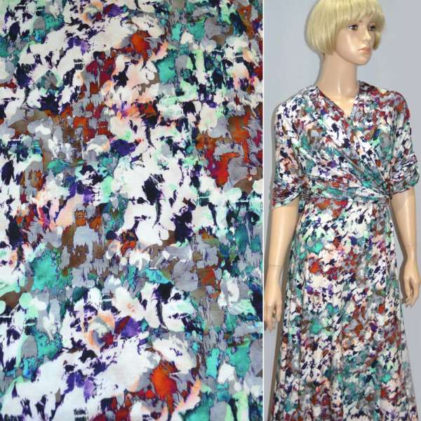 Трикотаж віскозний стрейч сіро-бежевий блакитний з абстракцією ш.150