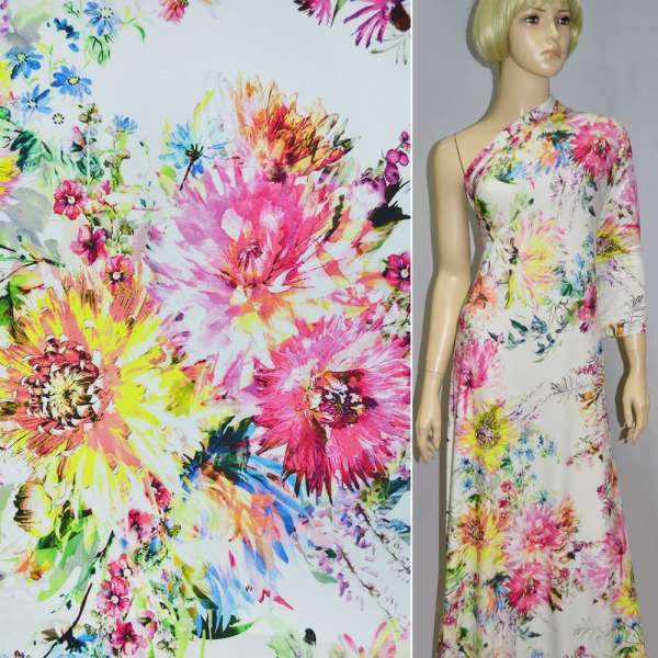 Трикотаж віскозний стрейч білий з рожево-жовтими квітами ш.146