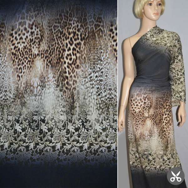 Трикотаж вискозный стрейч оливково-коричневый темно-синий принт леопард цветы раппорт ш.146