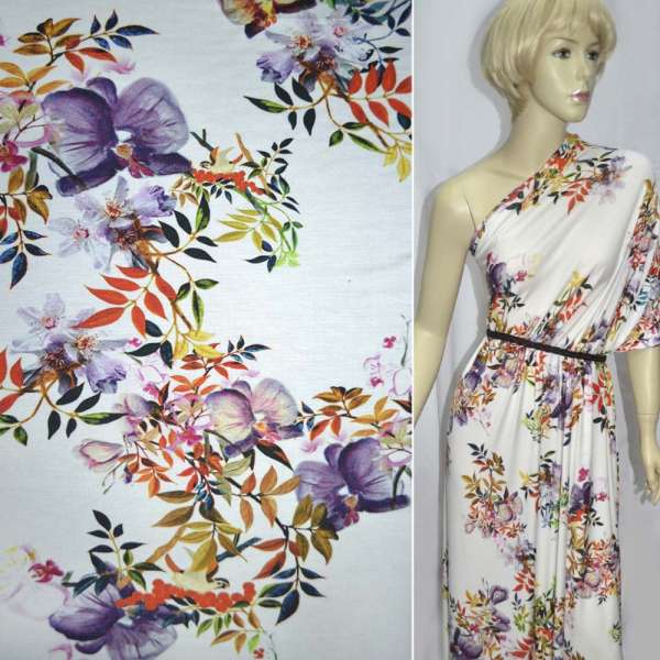 Трикотаж віскозний стрейч молочний з гілочками і фіолетовими орхідеями ш.150