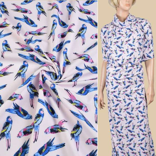 Трикотаж хлопковый стрейч розовый светлый, синие попугаи, ш.147