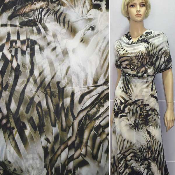 Трикотаж хлопковый стрейч молочно-серый с бежево-черным абстрактным рисунком ш.143