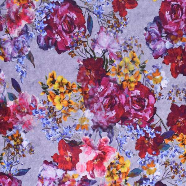 Трикотаж хлопок стрейч (махровая изнанка) с бордово-сиреневым цветочным принтом ш.160