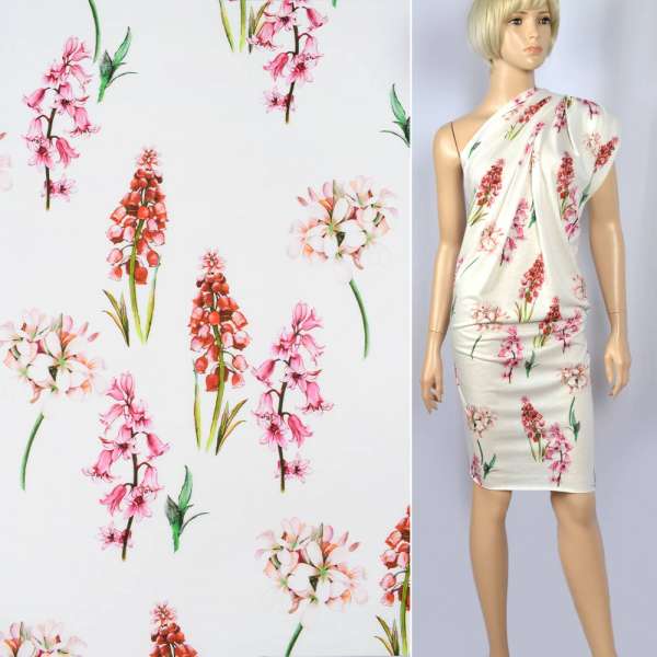 Трикотаж модал с хлопком молочный с розово-зелеными колокольчиками ш.142