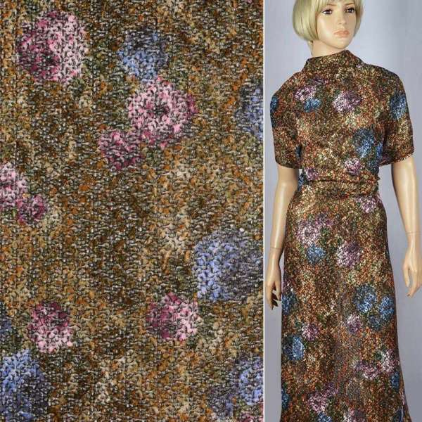 Трикотаж ажурний меланжевий фіолетово-бежево-коричневий із золотим штампом ш.150