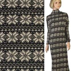 Трикотаж вязаный с хлопком черный с молочным жаккардовым узором, ш.160