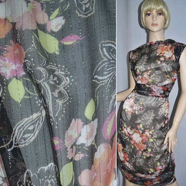 Шовк натуральний чорний з рожево-помаранчевими квітами і люрексом ш.140