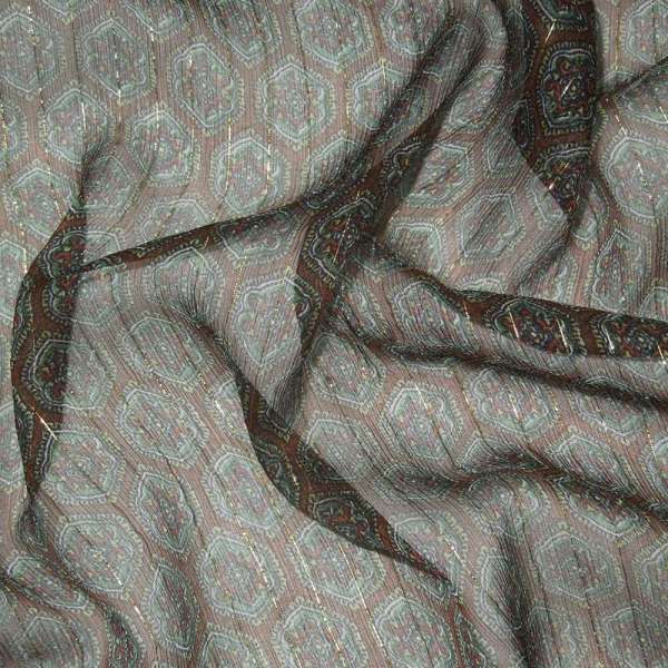 Шовк коричневий в темно-зелений малюнок з люрексом