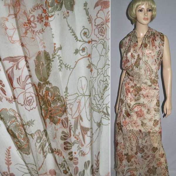 Шовк натуральний жатий бежевий світлий з квітковим малюнком