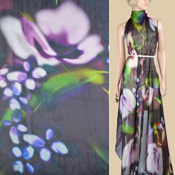 Шовк зелений темний з фіолетовими, лимонними плямами ш.140