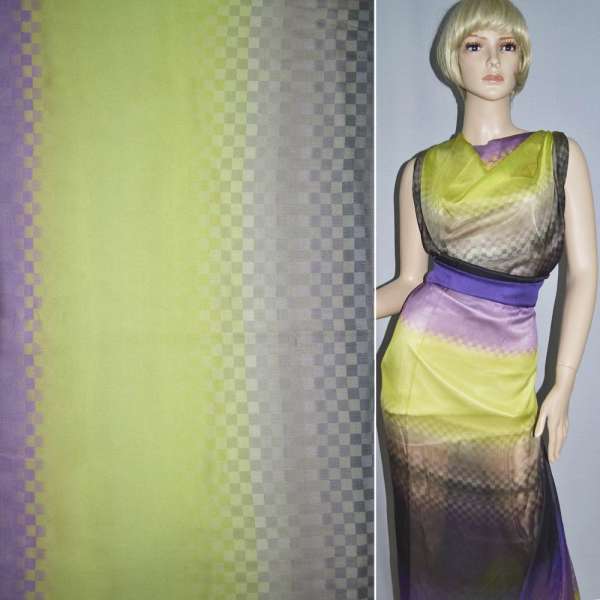 Шовк чорний в бузково-салатові смуги (раппорт) ш.140