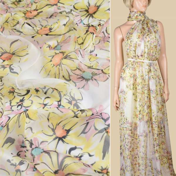 Шелк молочный с желто-черными цветами ш.137