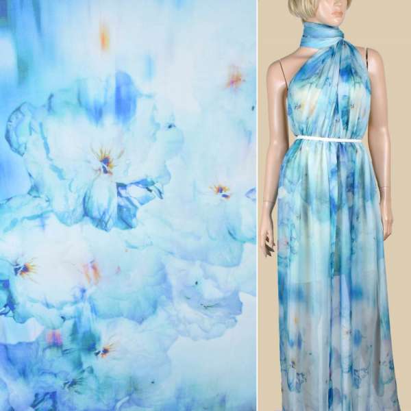 Шовк блідо-блакитний з синіми квітами ш.137