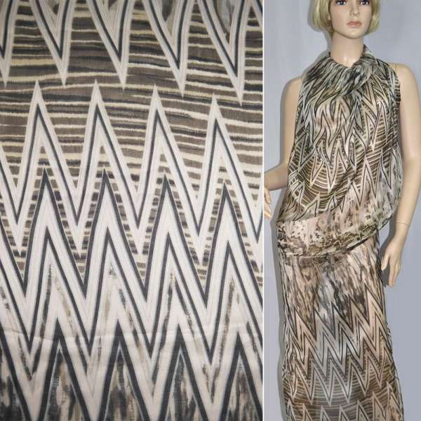 Шелк молочно-коричневый с черными зигзагами ш.140