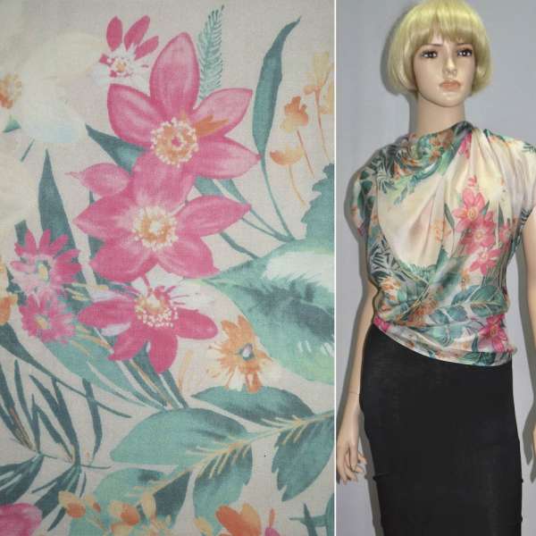 Шелк серый светлый с малиново-желтыми цветами ш.140