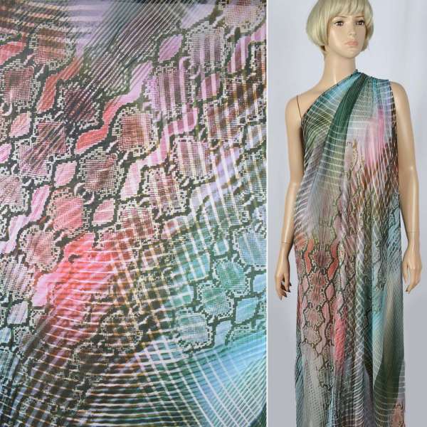 Шовк-шифон зелено-коричнево-рожевий принт ш.143