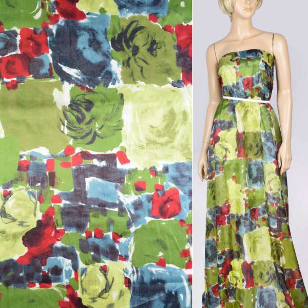 Шелк салатовый с красно-фиолетовым абстрактным рисунком, ш.138