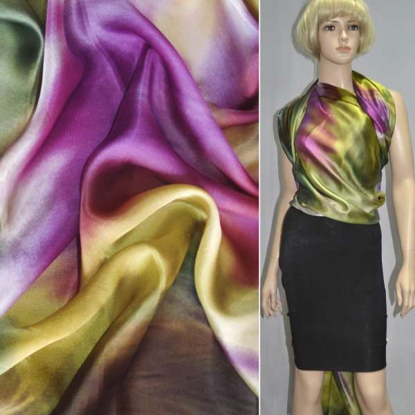 Шовк зелено-бузковий з райдужними розводами, ш.138