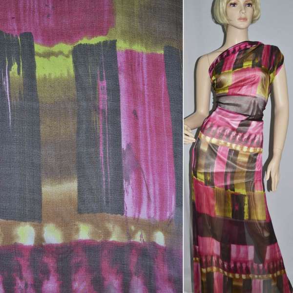 Шовк вишнево-фіолетовий з салатовим прямокутниками ш.134