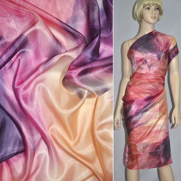 Шовк рожево-оранжевий з фіолетовим абстрактним малюнком, ш.134